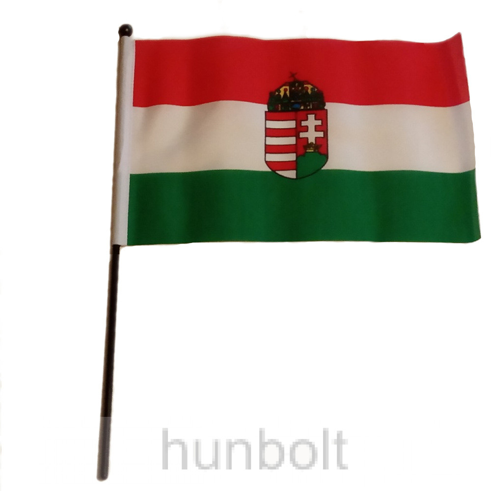 Nemzeti színű címeres zászló 15x23 cm, 30 cm-es fekete műanyag pálcával Nemzeti színű címeres zászló 15x23 cm, 30 cm-es fekete műanyag pálcával
