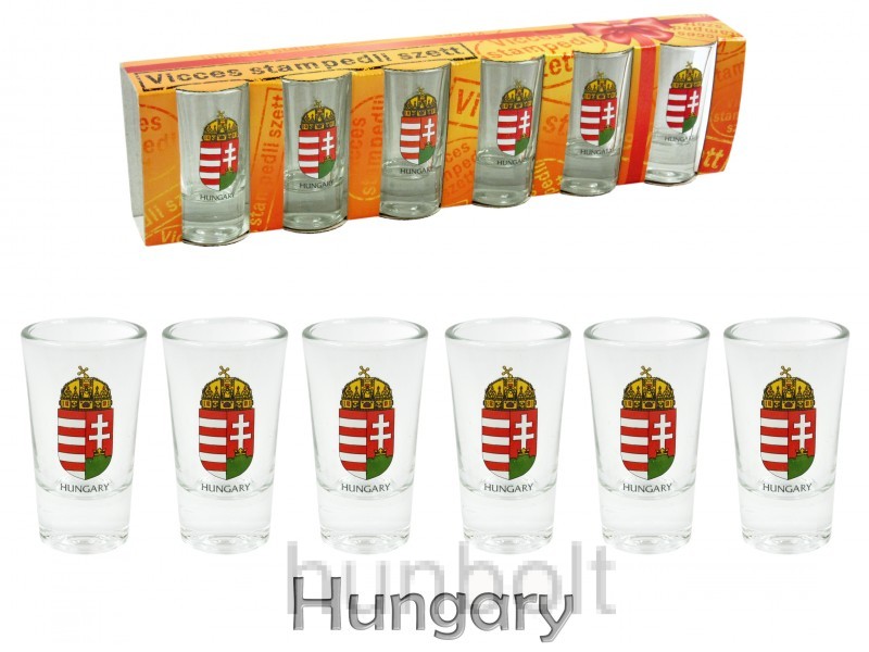Pálinkás pohár (25 ml) színes címerrel, 6 darabos készlet Pálinkás pohár (25 ml) színes címerrel, 6 darabos készlet