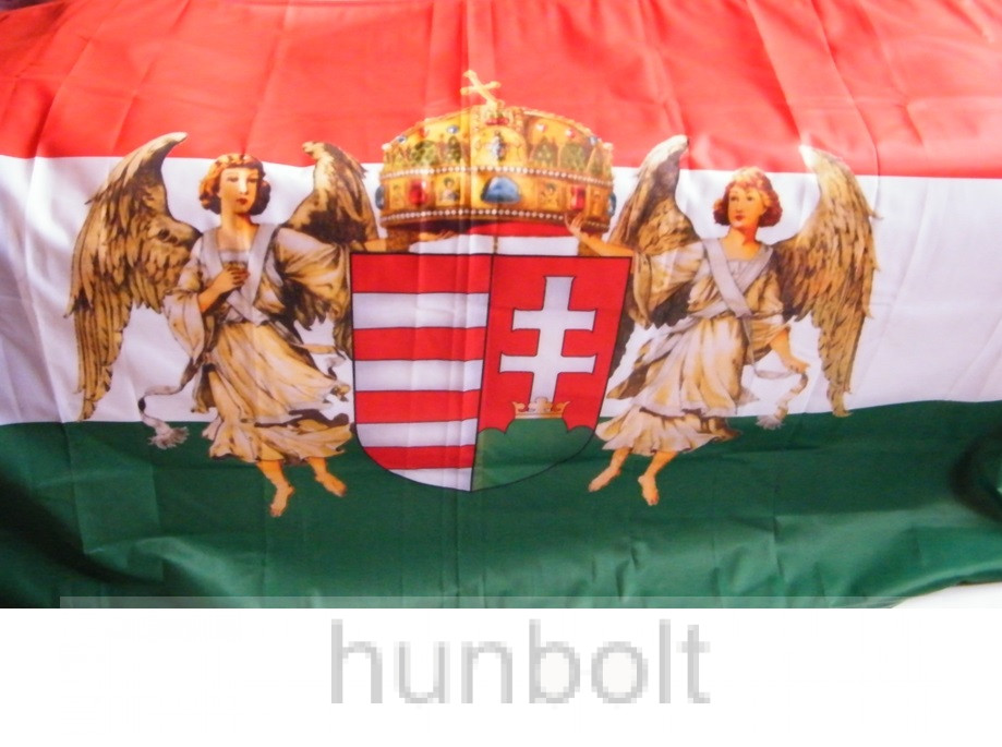 Nemzeti színű új címeres barna angyalos zászló 90x150 cm. A Horthy időszak hivatalos zászlója 1919-1938-ig. Nemzeti színű új címeres barna angyalos zászló 90x150 cm. A Horthy időszak hivatalos zászlója 1919-1938-ig.