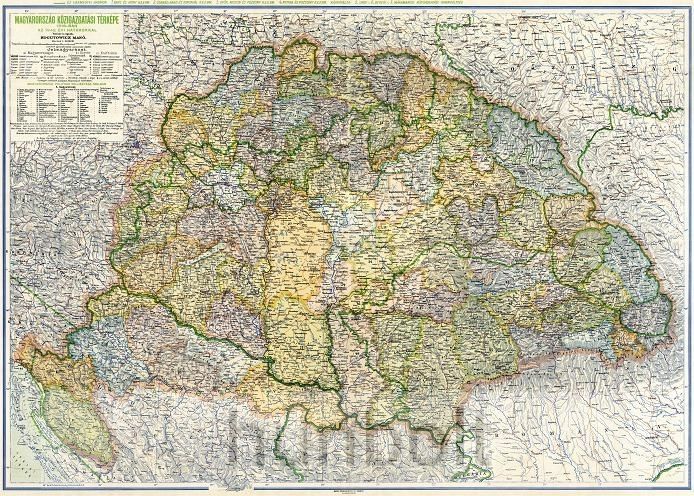 Magyarország közigazgatási térképe 1918-ban az 1942. évi határokkal (Kogutowicz M.) keretezve, kasírozva Magyarország közigazgatási térképe 1918-ban az 1942. évi határokkal (Kogutowicz M.) keretezve, kasírozva
