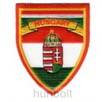   Felvasalható hímzett piros-fehér-zöld pajzs matrica Hungary felirattal (6X7,5 cm)