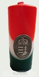 Nemzeti színű tuskógyertya 12 cm, ón címer matricával (3,2x4 cm)