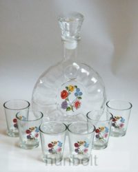  Kalocsai mintás üvegkulacs (margaréta) Hungary felirat nélkül, 6 darab pálinkás pohárral
