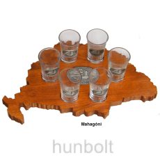 Faragott Nagy-Magyarország pálinka kínáló ón címkével, 6db pohárral mahagóni színben