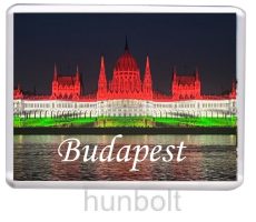 Budapest-Országház nemzeti színben, alsó felirattal hűtőmágnes (műanyag keretes)