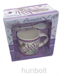 Levendulás bögre kanállal és tányérral