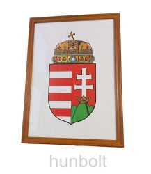 Asztalra és falra tehető, középbarna üveglapos, fakeretes címer 30x40 cm, A/3