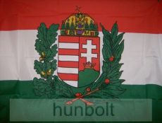 Nemzeti színű koszorús címeres zászló (45x28 cm) műanyag rúddal