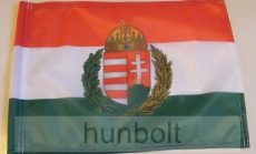 Nemzeti színű koszorús címeres zászló 15x25 cm, 40 cm-es műanyag rúddal