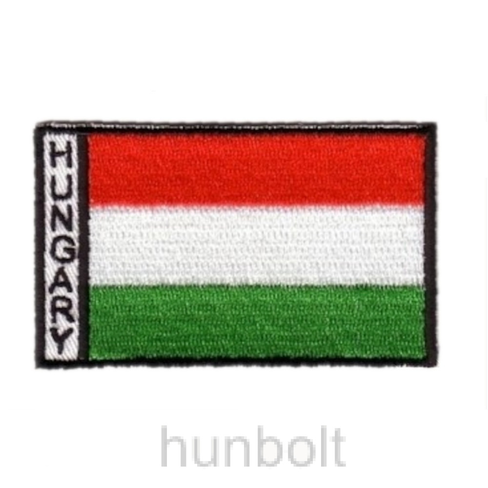 Image of Felvasalható hímzett piros-fehér-zöld Hungary fekete matrica 5,5x8 cm