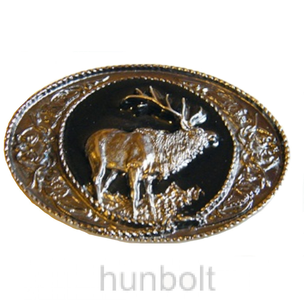 Image of Ovális övcsat ezüst színű szarvassal, fekete hátérrel