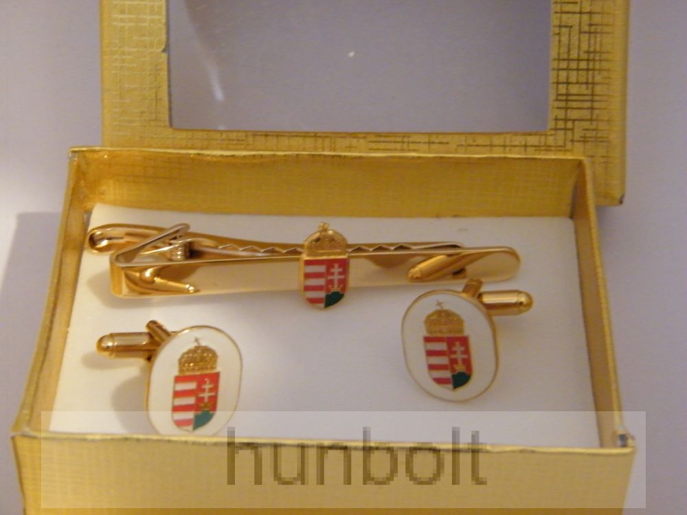 Image of Színes címeres mandzsettagomb és nyakkendő csipesz díszdobozban