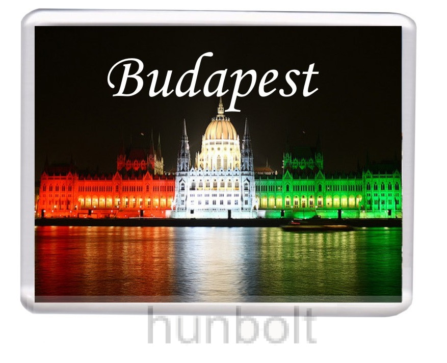 Image of Budapest-Országház nemzeti színben, felső felirattal hűtőmágnes (műanyag keretes)